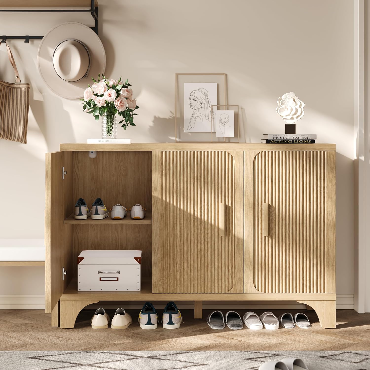 Mid Century Modern Fluted Buffet Cabinet with Storage, Accent Sideboard and Credenza Storage Cabinet with Doors, Wood Coffee Bar Console for Kitchen, Living Room (Oak, 47" 3-Door)