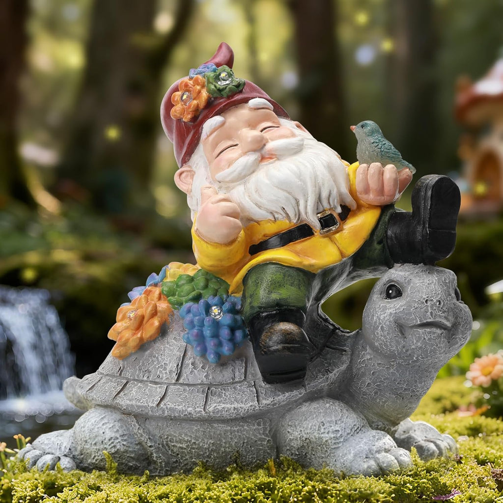 Solar Gnome on Turtle Statue Light, Weatherproof Resin Garden Decor Auto On/Off - Whimsical Night Glow for Fairy Garden & Yard