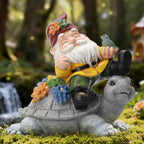 Solar Gnome on Turtle Statue Light, Weatherproof Resin Garden Decor Auto On/Off - Whimsical Night Glow for Fairy Garden & Yard