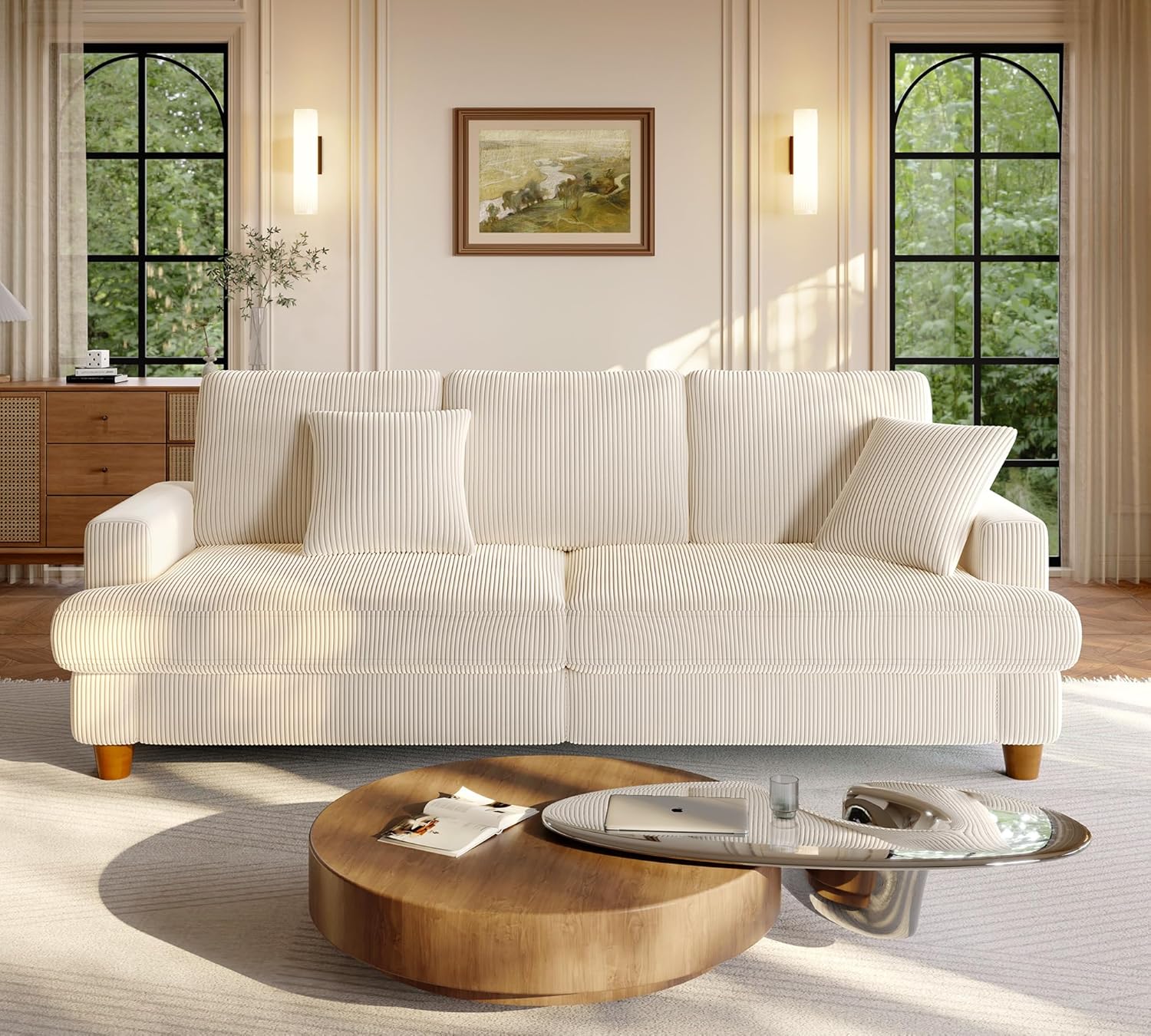 Welzona 87.2" Couches for Living Room, Comfy Beige Couch 7.5" Extra Thick Cushion, Sofas for Living Room Tool-Free Setup, Loveseat Sofa 848lbs Support, Corduroy Couch for Bedroom, Apartment, Office