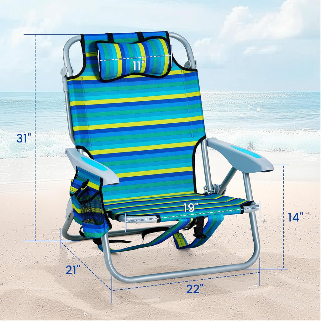 Portable Beach Chair for Adults, Outdoor Lightweight Camping Chair Lay Flat Folding Backpack Beach Reclining Chair with 5 Positions, Headrest, Zipper Pouch, Cup Holder, NEW Striped