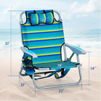 Portable Beach Chair for Adults, Outdoor Lightweight Camping Chair Lay Flat Folding Backpack Beach Reclining Chair with 5 Positions, Headrest, Zipper Pouch, Cup Holder, NEW Striped