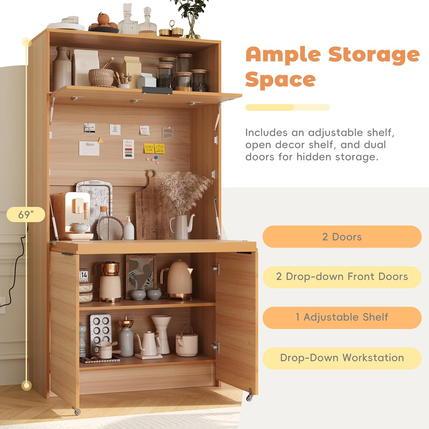 69" Compact Kitchen Pantry with Power Outlet, Freestanding Wooden Kitchen Organizers Storage Cabinet with Hutch and Foldable Workstation, Pantry Buffet with Adjustable Shelf for Dining Room, Natural