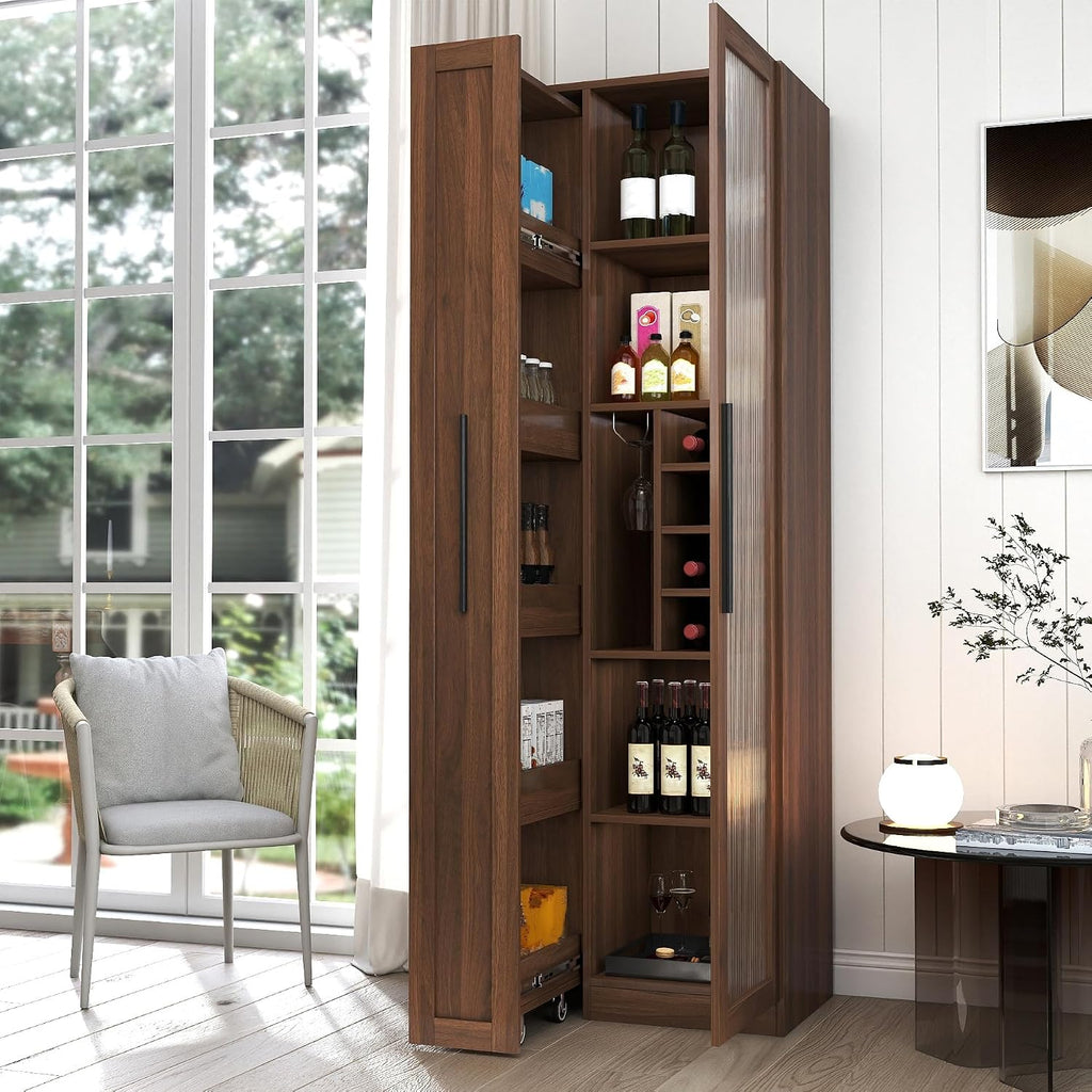 ZeHuoGe Kitchen Pantry Cabinet with Multi-Functional Pull-Out Multi-Tier Storage Shelf,Farmhouse Storage Cabinet with Glass Doors,Pantry Organizers for Kitchen, bar Cabinet,Dining Room