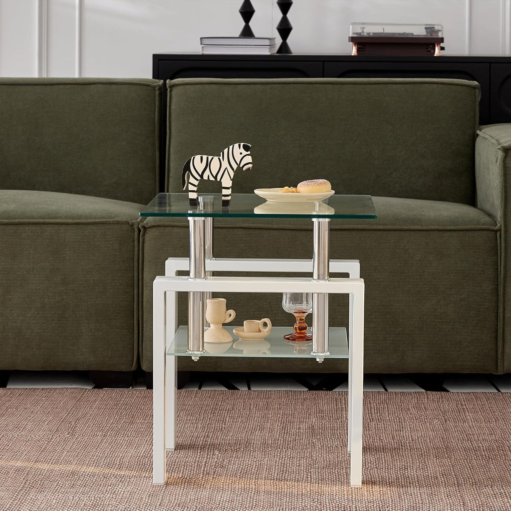 2pcs Modern Glass End Table - Two Tiered Clear Nightstand, Square Tempered Glass Tables with White Metal Frame for Living Room or Bedroom, Set of 2 17.72"x17.72"x20.47"H