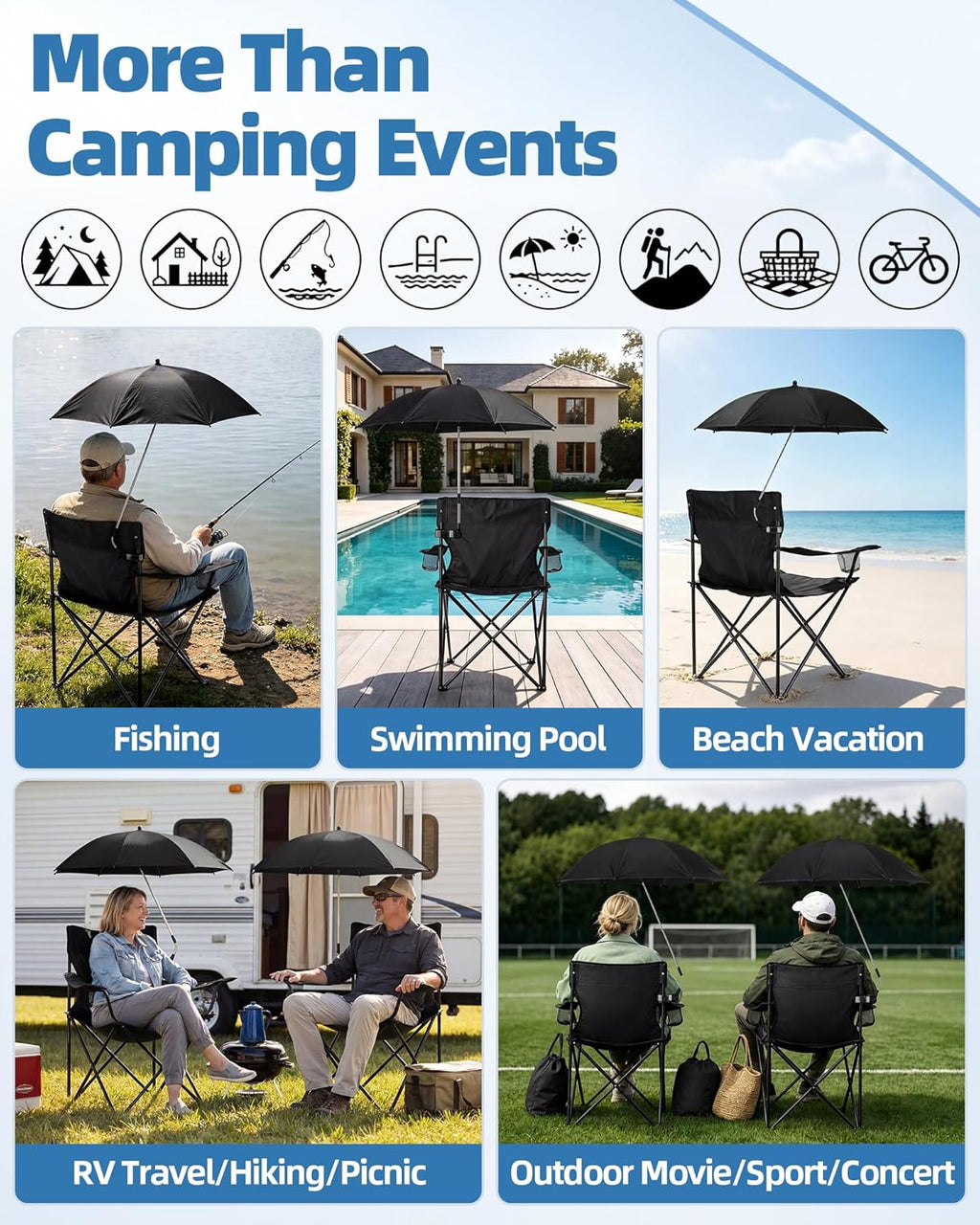 2PCS Camping Chairs with Detachable Umbrella, HaSteeL Folding Beach Chair for Adults, Large Portable Foldable Chair for Outdoors Fishing Hiking Travel Picnic Lawn, Supports 275lbs, Storage Bags, Black