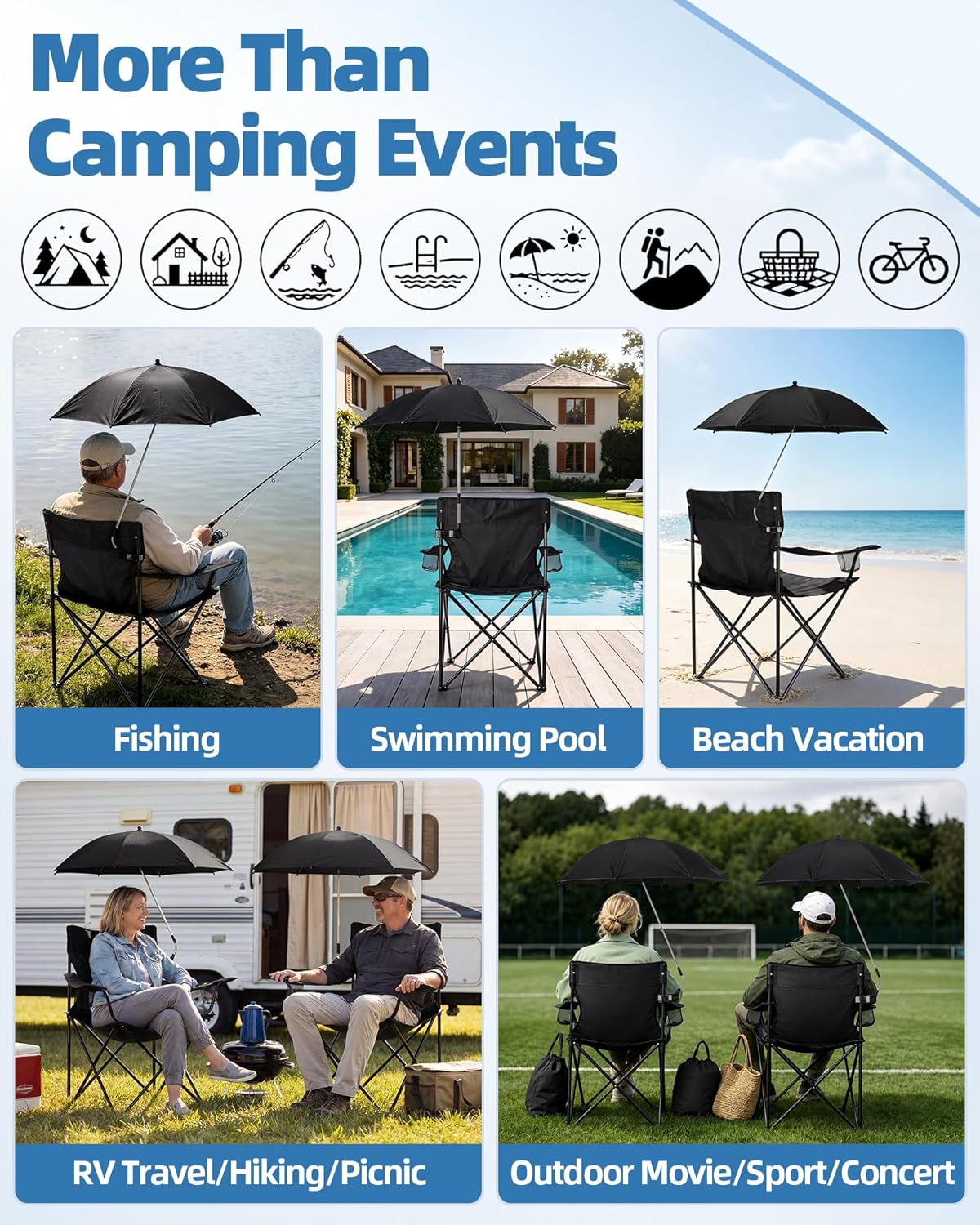 2PCS Camping Chairs with Detachable Umbrella, HaSteeL Folding Beach Chair for Adults, Large Portable Foldable Chair for Outdoors Fishing Hiking Travel Picnic Lawn, Supports 275lbs, Storage Bags, Black