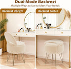 Korser Vanity Stool Chair with Storage and Folding Back, 13"x13"x27.6" Round Faux Fur Comfy Ottoman, 4 Metal Legs with Anti-Slip Feet, Makeup Chair for Living Room, Bedroom, Dressing Room