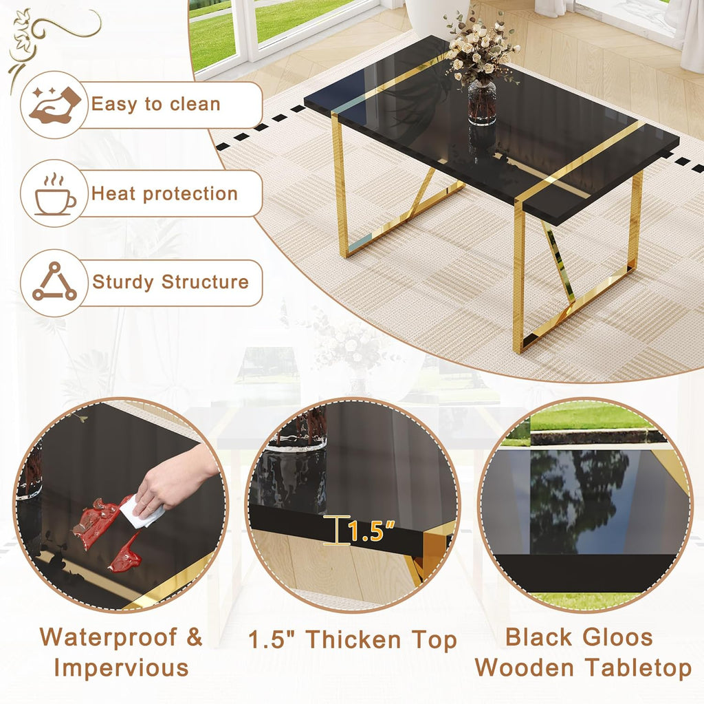 Black Dining Table Set for 4, 55" Black Glossy Top with Gold Metal Legs, Modern Dining Table Set for 4 & Velvet Tufted Chair with Gold Nailhead Trim, Luxry Kitchen Table Set Ideal for Dining Room,APT