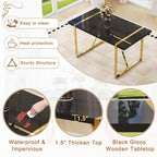 Black Dining Table Set for 4, 55" Black Glossy Top with Gold Metal Legs, Modern Dining Table Set for 4 & Velvet Tufted Chair with Gold Nailhead Trim, Luxry Kitchen Table Set Ideal for Dining Room,APT