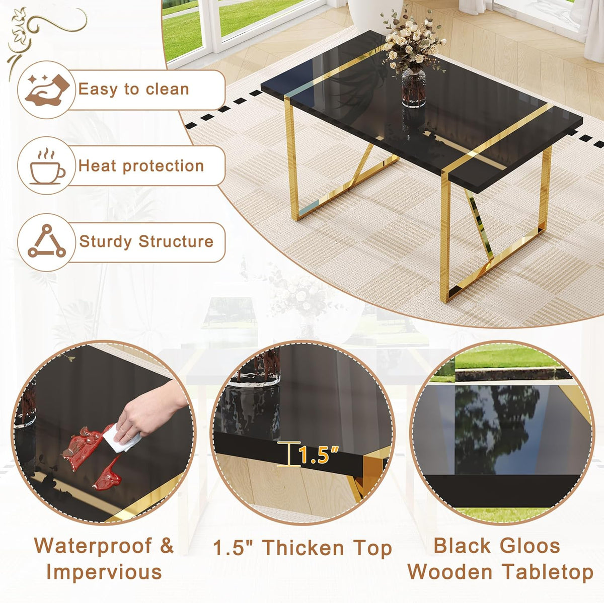 Black Dining Table Set for 4, 55" Black Glossy Top with Gold Metal Legs, Modern Dining Table Set for 4 & Velvet Tufted Chair with Gold Nailhead Trim, Luxry Kitchen Table Set Ideal for Dining Room,APT