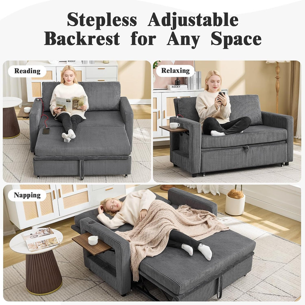3 in 1 Convertible Sofa Bed, Pull Out Couch with Dual USB and Type C Ports, Chenille Fabric Loveseat Sleeper Sofa Bed, Sofa Bed with Foldable Side Table for Living Room Home Office Apartment