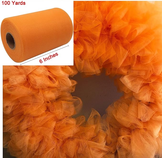 Orange Tulle Fabric Roll 6 Inch X 300 FT (100 Yards) Matte Tulle Ribbon Netting Mesh Spool for DIY Tutu Skirt Wedding Bow Gift Wrapping Baby Shower Christmas Party Halloween Decorations