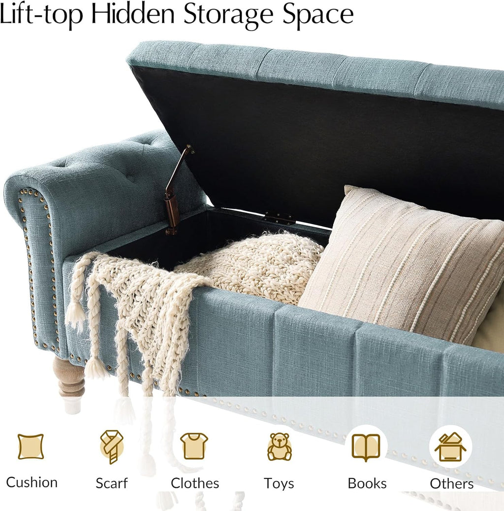 HULALA HOME Farmhouse Storage Bench, Blue | End of Bed Bench with Vintage Button-Tufted Design, Bedroom Bench with Storage for Bedroom, Entryway, Living Room