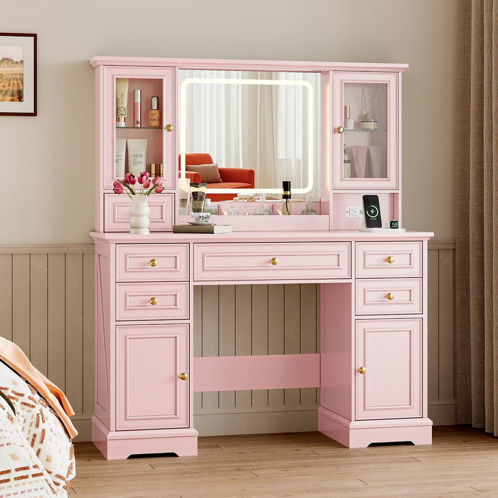 BORNOON Vanity Desk with Lights, Large LED Mirror with 3 Color Modes, Makeup Vanity with Power Outlet & USB Ports, 6 Drawers & 2 RGB Glass Cabinets, Farmhouse Dressing Table for Women & Girls (Pink)