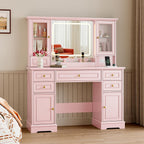BORNOON Vanity Desk with Lights, Large LED Mirror with 3 Color Modes, Makeup Vanity with Power Outlet & USB Ports, 6 Drawers & 2 RGB Glass Cabinets, Farmhouse Dressing Table for Women & Girls (Pink)