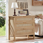 LEYAOYAO 31.5" Wide Rattan Nightstands Set of 2, Large Boho Night Stand | 3 Drawer Bedside Table with Storage, Tall Bed Side End Tables for Bedroom, Living Room, Hallway (Natural)
