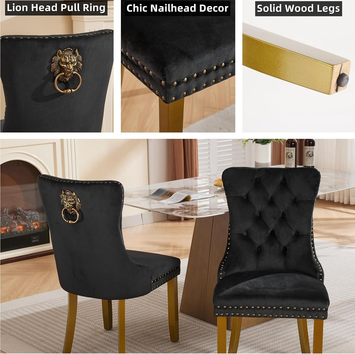 Modern 5-Piece Round Glass Dining Table Set for 4, Modern 47" Gold Glass Dining Room Table Set with Black Velvet Tufted Chairs for Kitchen Dining Room