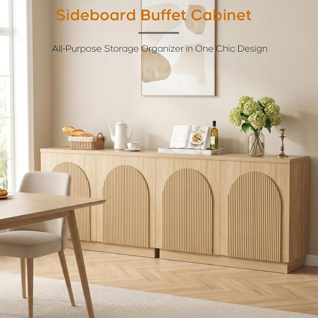 Yechen 110" Modular Fluted Sideboard Buffet Cabinet with Storage, Wood Mid Century Modern Credenza Cabinet w/Arched Reeded Doors & Adjustable Shelves for Kitchen, Living Room, Natural