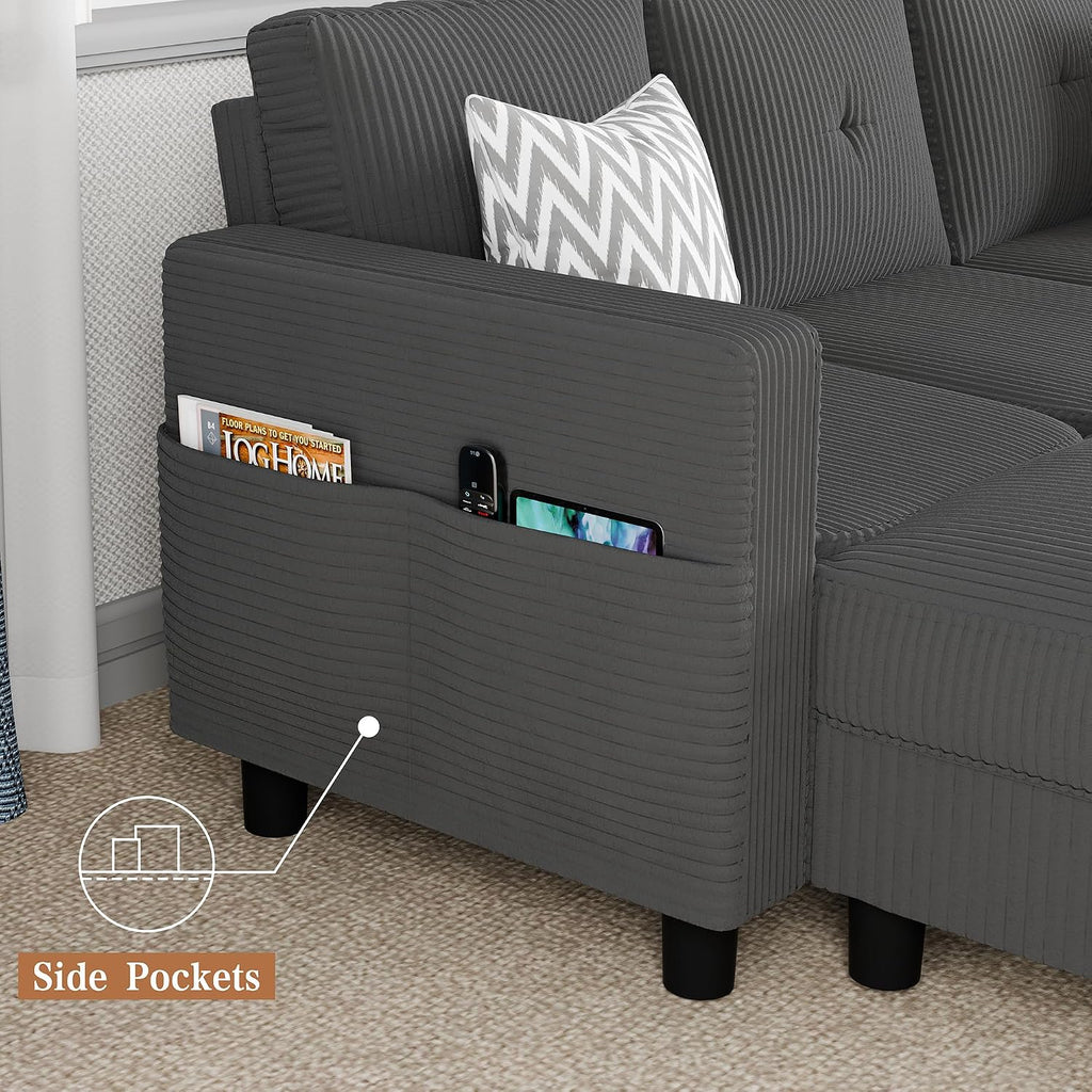 Shintenchi 76" Modern Upholstered Sectional Sofa Couch,L-Shaped Convertible Sofa with Storage Ottoman,Comfy Couches with Side Storage Pockets for Living Room,Dark Gray Corduroy Fabric
