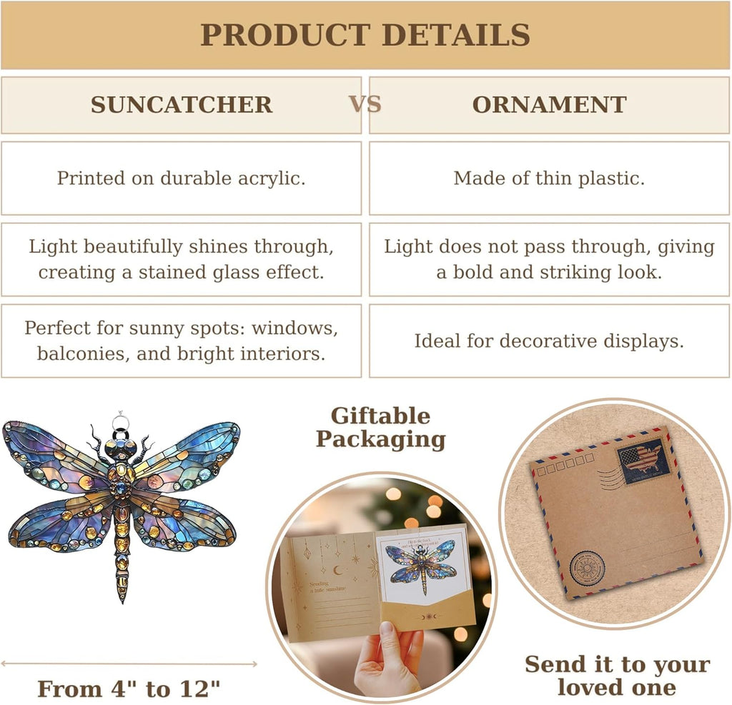 Boho Dragonfly Acrylic Suncatcher Stained Glass Effect Window Car Hanging Christmas Ornament Indoor Outdoor Decor Garden Sun Catcher Panel for Dragonfly Lover for Women Mom Grandma