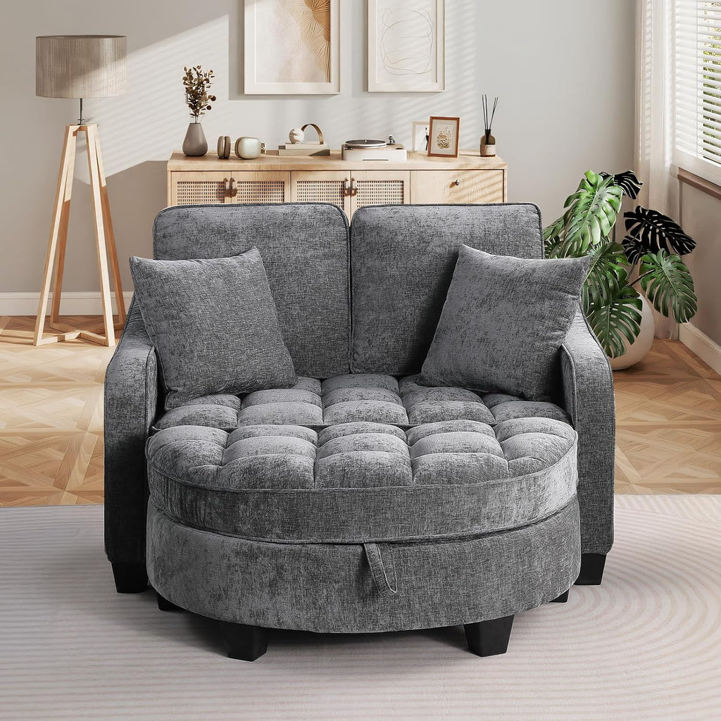 Oversized Chaise Lounge Chair Indoor with Ottoman, Chenille Tufted Comfy Loveseat Sofa Chair with Adjustable Backrest, Fluffy Recliner Sofa, Convertible Couch Sleeper Bed for Living Room(51"W, Grey)