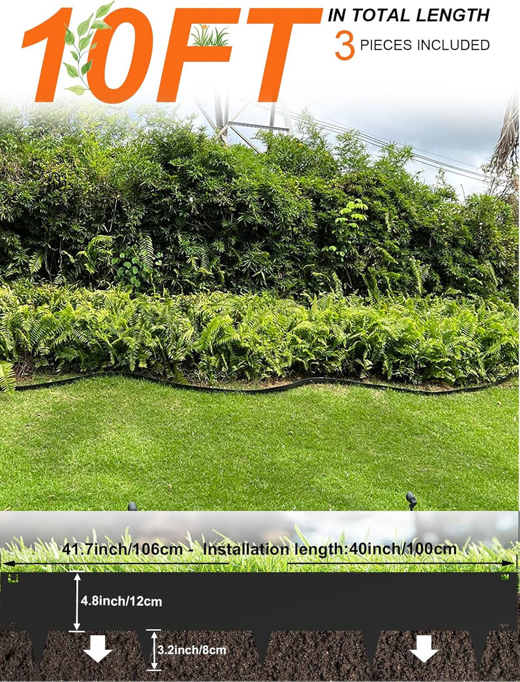 Vinci Landscape Edging Border, 40" L x 8" H 3Pack 10FT Total Black Galvanized Steel Garden Edging,Easy Installation,Sturdy Elegant Metal Lawn Broder for Flower Beds, Pathways, Paver Edges and Yard