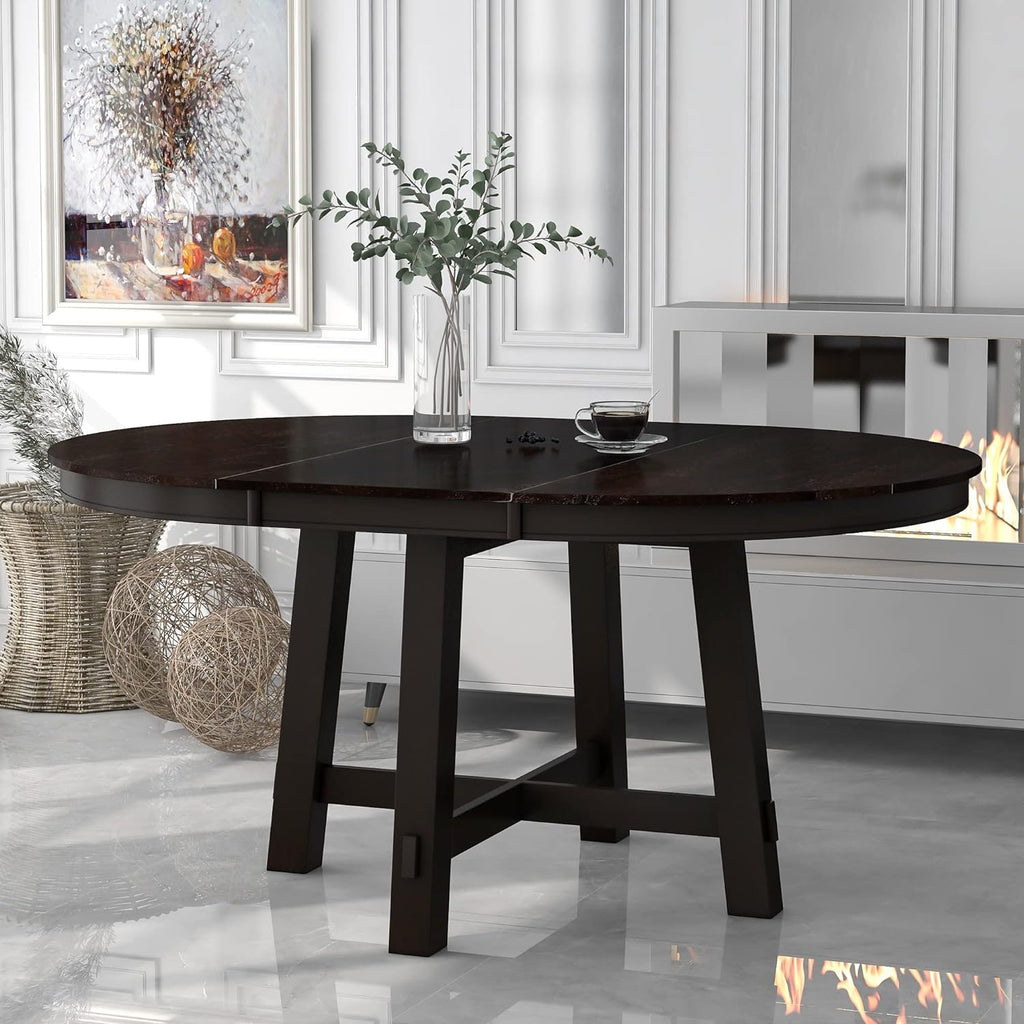 GDFStudio 42"-58" Farmhouse Extendable Dining Table for 4-6, Solid Wood Round Dining Table with 16" Leaf & X-Shaped Base, Rustic Kitchen & Dining Room Table, Space Saving, Espresso