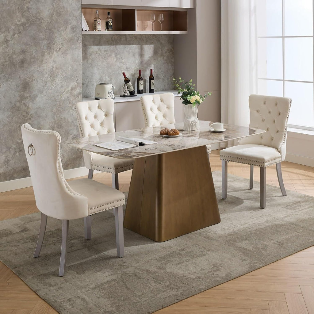 LKTART Dining Chairs Set of 6 Mid-Century Modern Chairs with Pull Ring, Velvet Upholstered Dining Chair with Wooden Legs Nailhead Trim for Kitchen Bedroom Dining Room (Beige)