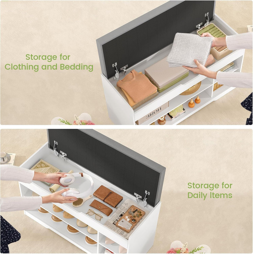 TEENFON 2-Tier Storage Bench, Shoe Bench with Adjustable Shelf & Lift Top Storage, Entryway Bench with Cushioned Seat,13.8"D x 36.2"W x 19.7"H, Shoe Organizer for Entryway, Living Room, Bedroom, White