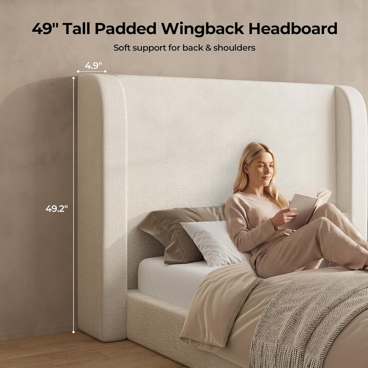 ADORNEVE Cloud Bed Frame Queen with 49.2” Tall Wingback Headboard, Beige