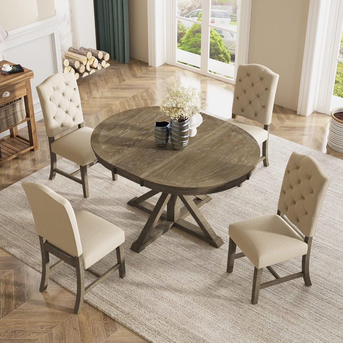 54'' Round Oval Dining Table Extendable Kitchen Table for 4-6, Modern Mid-Century Retro Style Wood Dining Room Table with a 12" Leaf for Living Room Kitchen, Natural Wood Wash