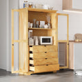 44.7" Wide Pine Wood Kitchen Pantry Cabinet with Glass Doors 4 Drawers and Shelf Freestanding Farmhouse Storage Cabinet for Kitchen Dining Living Room Display Organizer Natural