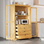 44.7" Wide Pine Wood Kitchen Pantry Cabinet with Glass Doors 4 Drawers and Shelf Freestanding Farmhouse Storage Cabinet for Kitchen Dining Living Room Display Organizer Natural