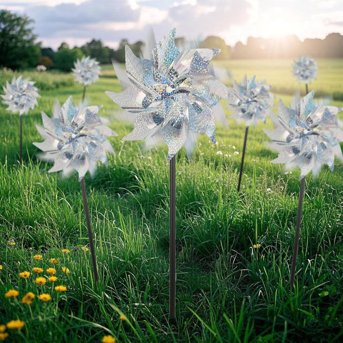 winemana 12 Pcs Reflective Pinwheels Outdoor, Wind Spinners for Yard & Garden, Sparkly Bird Repellent Windmill Scare Birds Away, Deterrent Devices for Outside Patio Lawn Spring Decor (Silver)