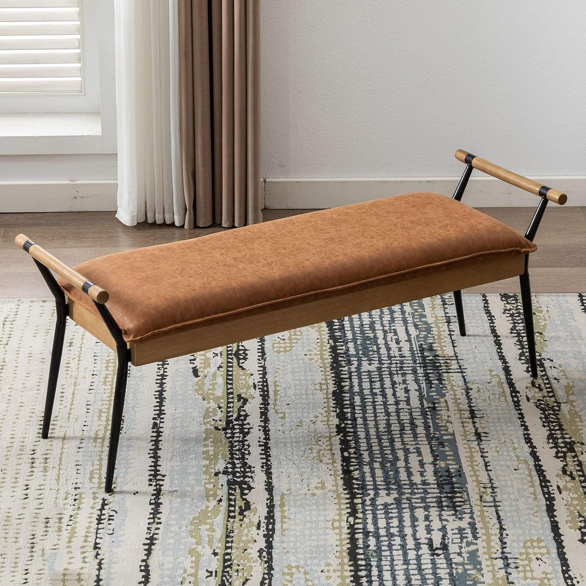 DUOMAY Modern Rectangle Ottoman Bench with Arms and Metal Legs, Mid Century PU Dining Table Bench Footstool Entryway Shoe Bench for Dining Room Bedroom Living Room, Brown
