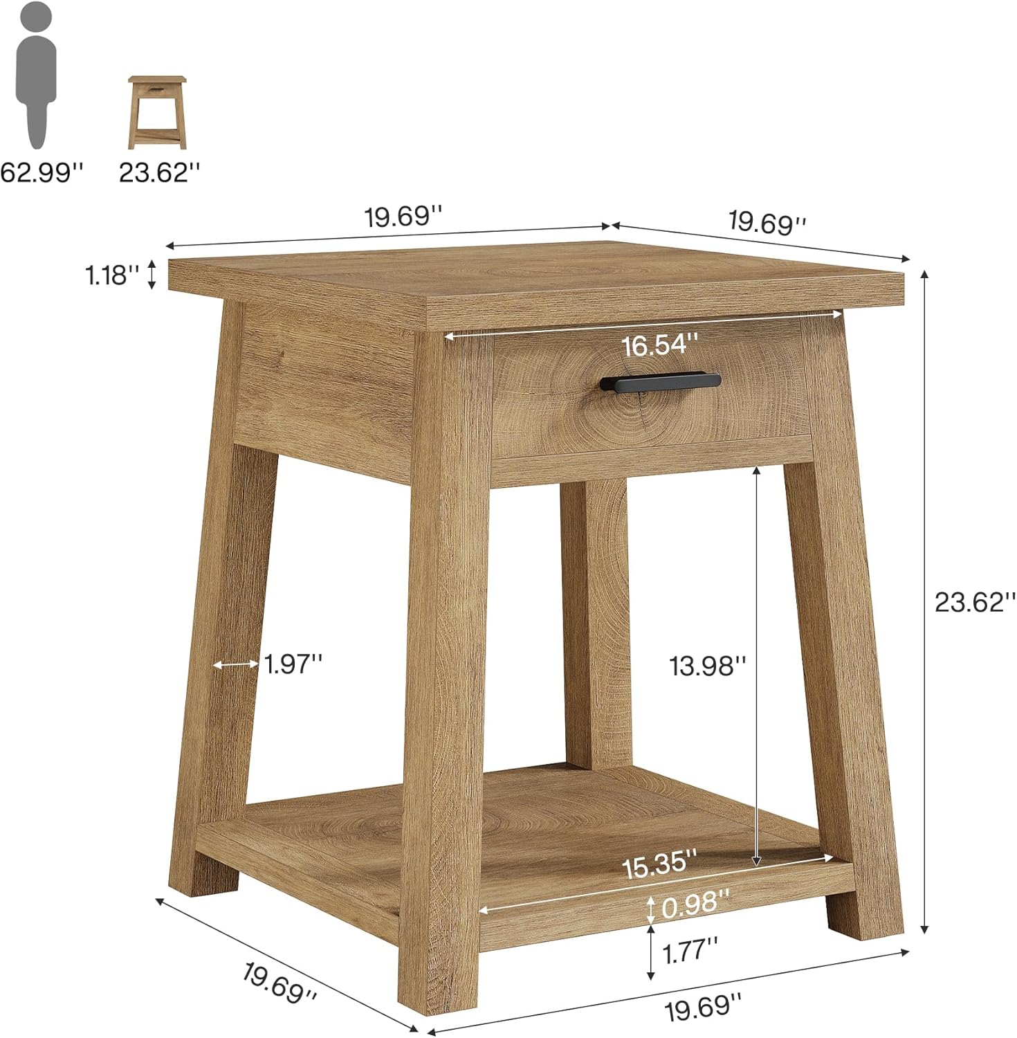 Tribesigns Farmhouse Square Side Table, 2 -Tier Wooden End Table with Drawer, Rustic Nightstands with Shelf Storage for Living Room, Bedroom, Office and Small Spaces