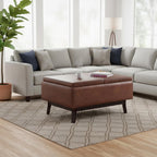 SIMPLIHOME Owen 34" Vegan Leather Storage Ottoman in Distressed Pecan Brown
