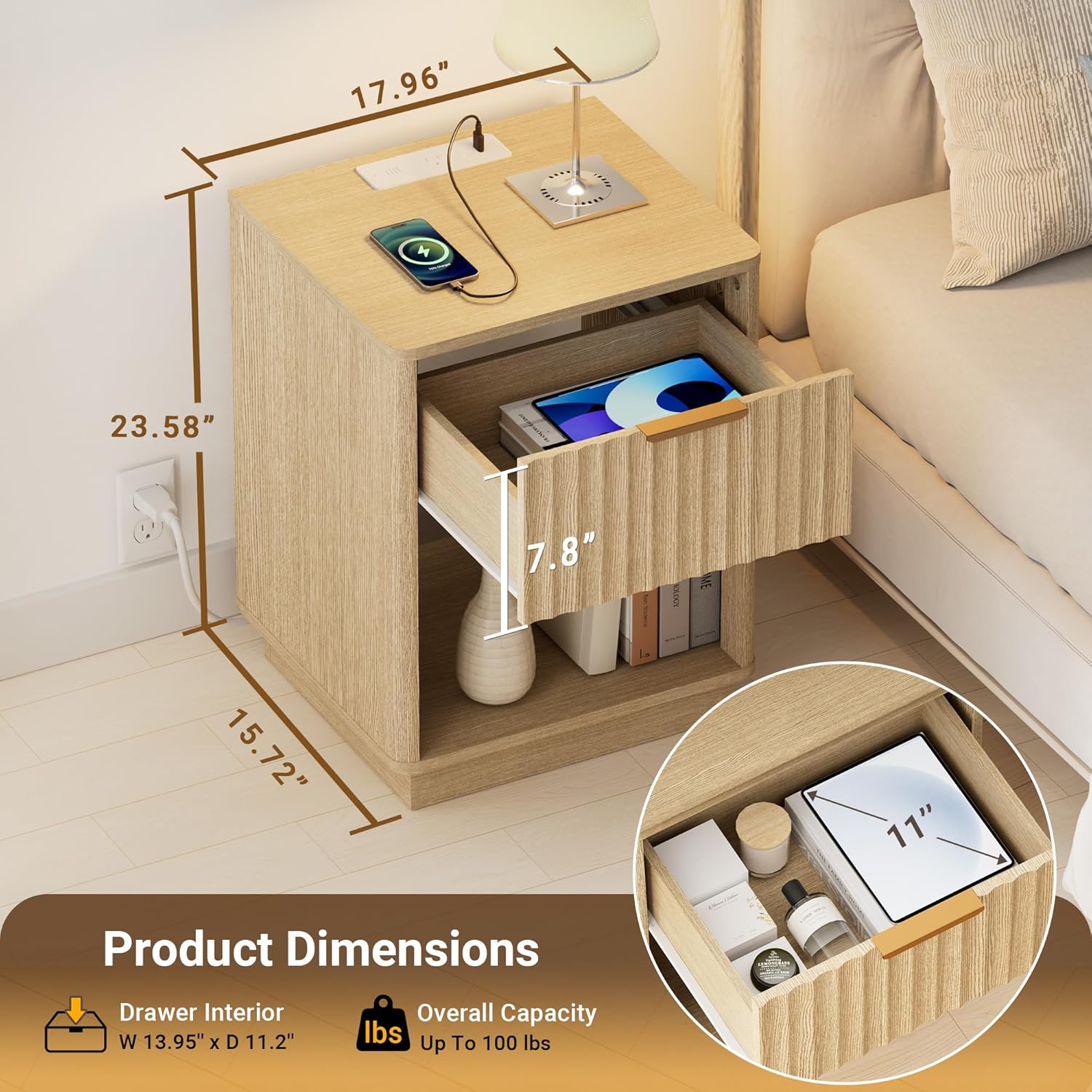 18" Modern Fluted Nightstand Set of 2 with Charging, Natural Oak | Bedroom, Sofa, Home Office, FSC-Certified MDF, Curved Corner, Metal Handle, Open Shelf, Night Stand, End Table, Bedside Table