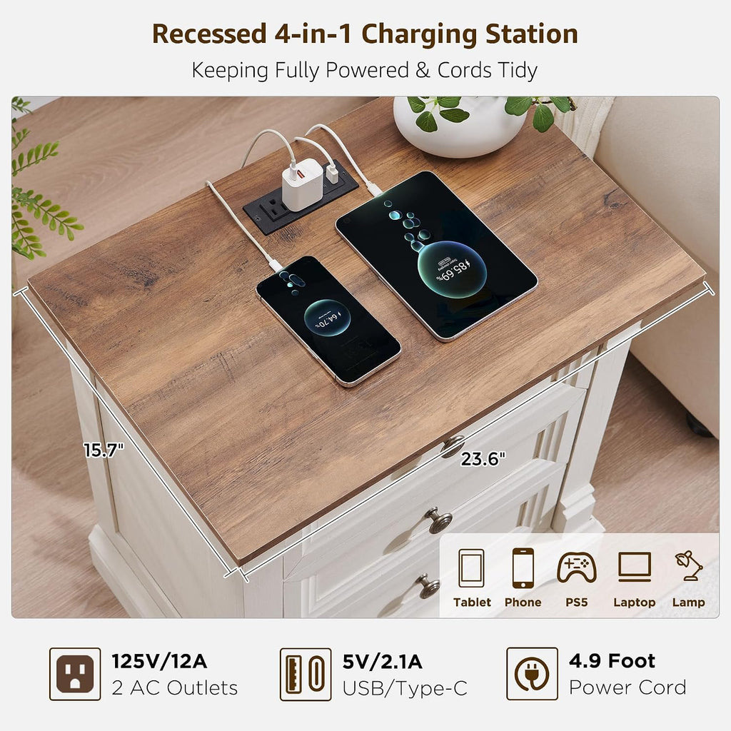 Farmhouse 26"H Nightstand Set of 2, 23.6"W End Table with Charging Station | 3 Drawers Storage, Wood Side Table w/Roman Column, Bedside Cabinet for Bedroom, Living Room, Antique White