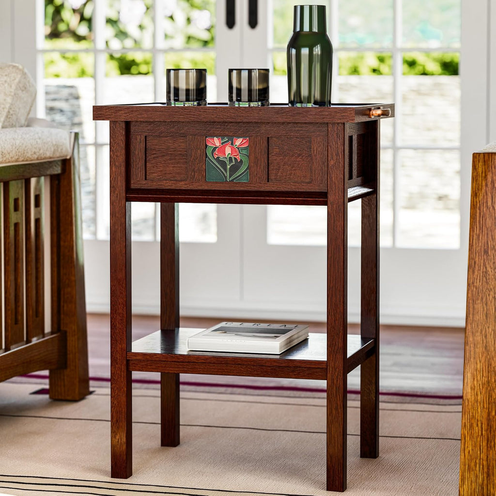 Stickley 125th Anniversary Floral Tile Tray Table, End Table, Solid Oak, Centennial Finish, Mission Style, Removable Ceramic Art Tile, Tray Top, 22.5in W x 16.5in D x 30in H, Made in USA