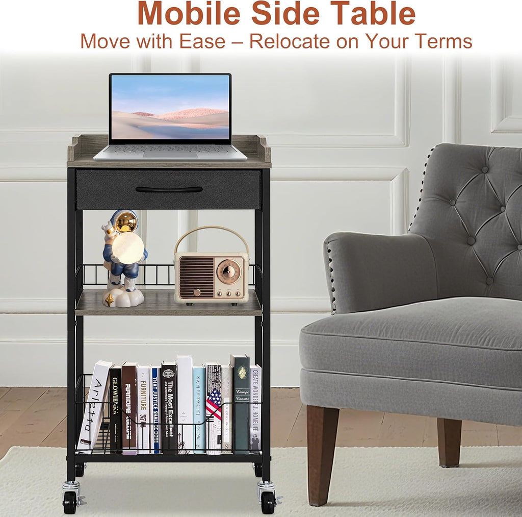Tall Side Table with Drawer and Shelves, Narrow End Table with Optional Wheels, 4-Tier Small Side Table, 30" High for Living Room, Bedroom, Bathroom, Black & Grey