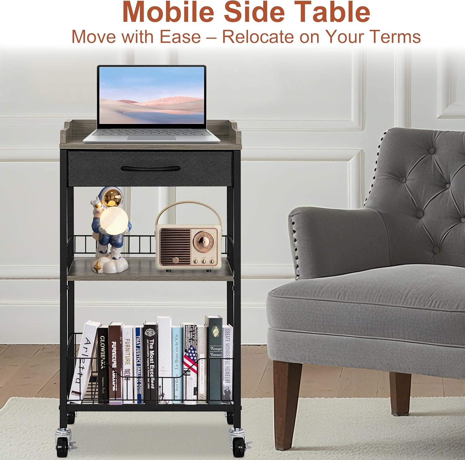 Tall Side Table with Drawer and Shelves, Narrow End Table with Optional Wheels, 4-Tier Small Side Table, 30" High for Living Room, Bedroom, Bathroom, Black & Grey