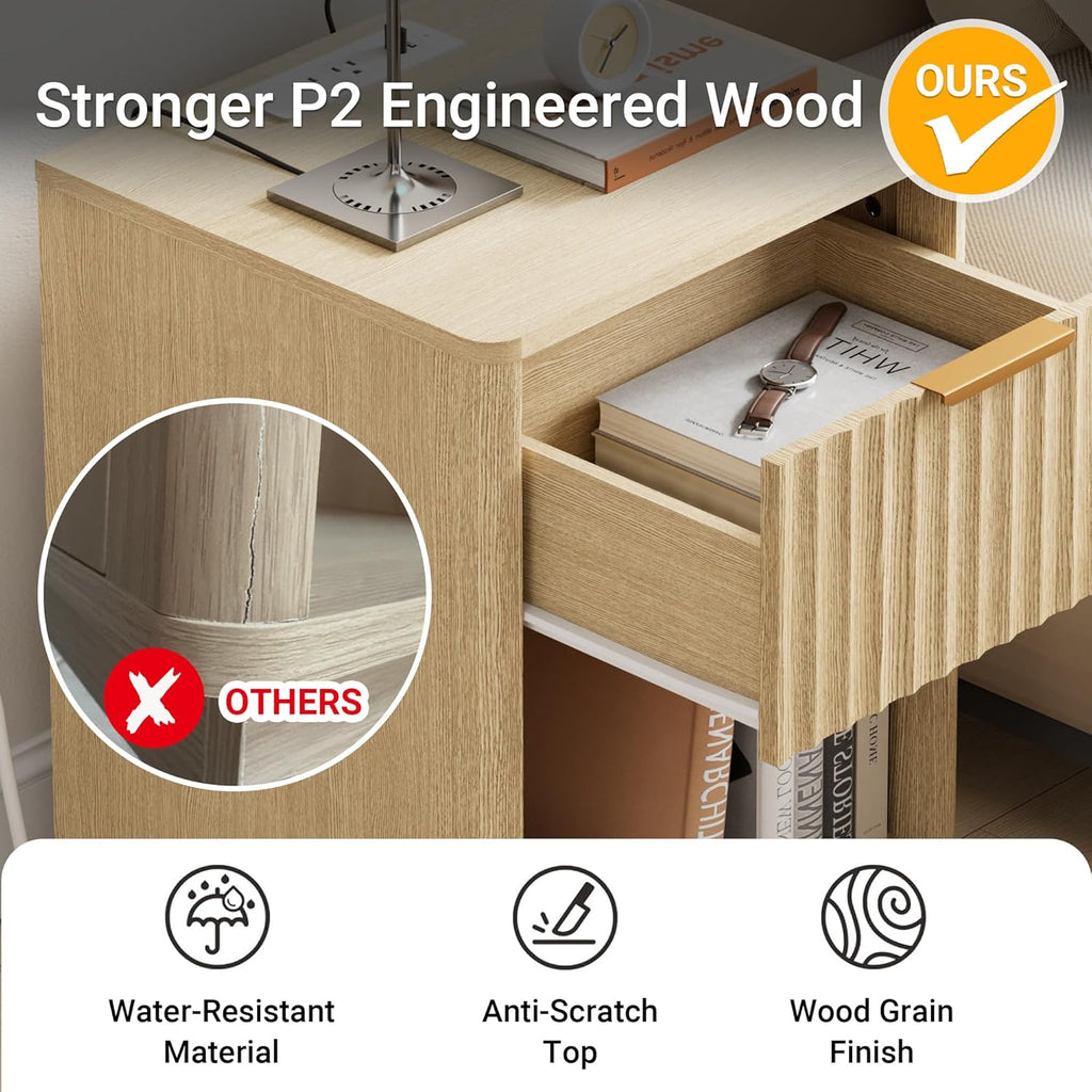 18" Modern Fluted Nightstand Set of 2 with Charging, Natural Oak | Bedroom, Sofa, Home Office, FSC-Certified MDF, Curved Corner, Metal Handle, Open Shelf, Night Stand, End Table, Bedside Table