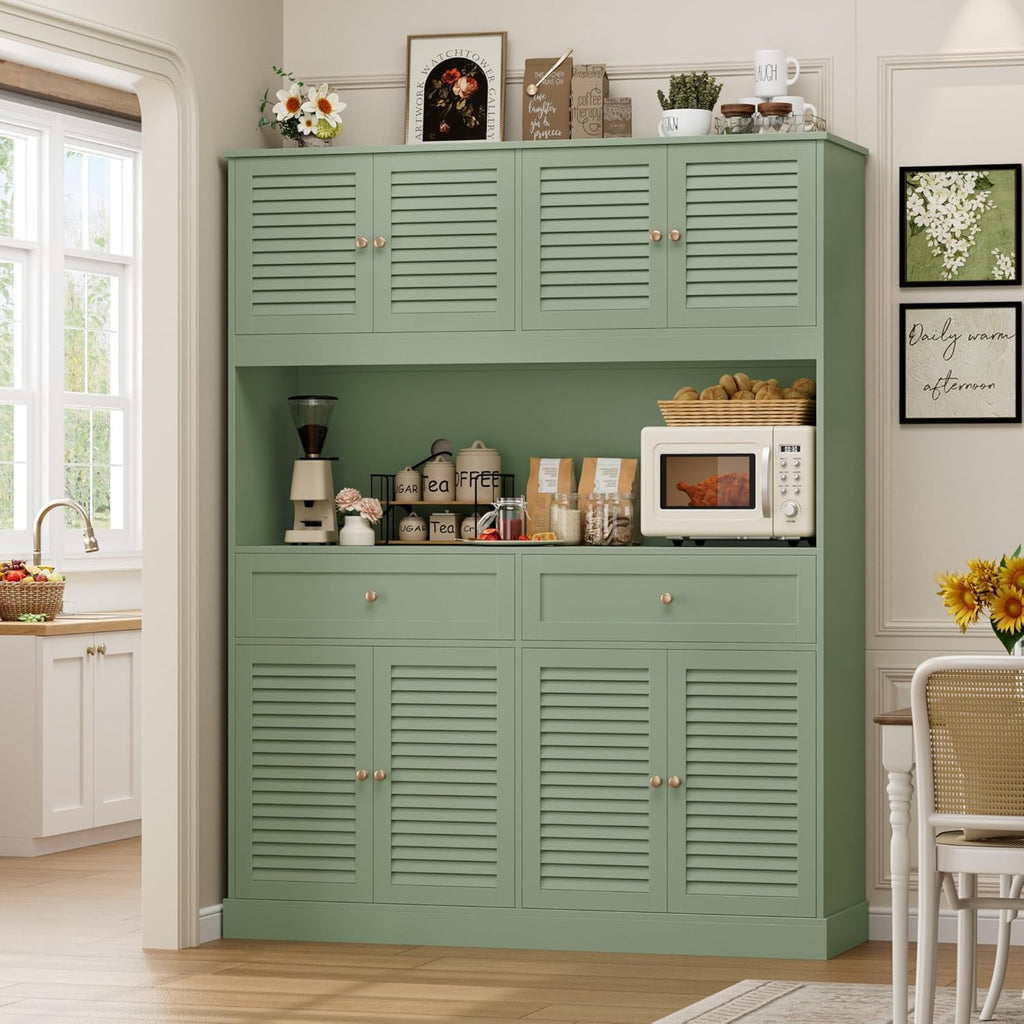 HIFIT 71“HX55“W Large Pantry Cabinet for Food Storage, Farmhouse Kitchen Hutch with Storage Drawers, Tall Kitchen Pantry Cabinet with Microwave Stand for Dining Living Room, Green