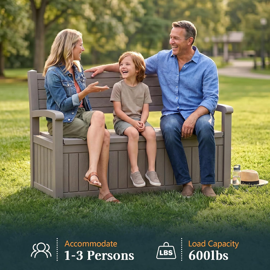 Outdoor Bench with Storage, Waterproof Garden Storage Bench, 100 Gallon Lockable Resin Deck Box, Weatherproof Bench Seating for Patio Yard Cushions Tools, Grey