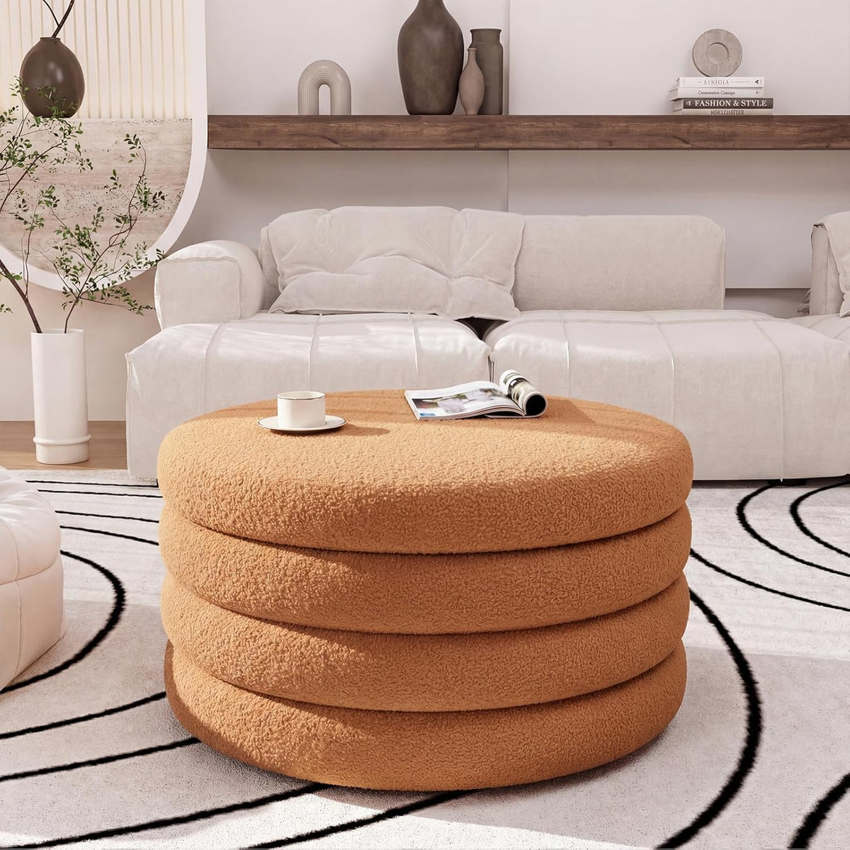 FiveWillowise 30 Inch Round Ottoman with Storage,Large Sherpa Coffee Table | Modern Ottomans with Removable Lid Tray,Multi-Functional,Cozy Foot Rest for Couch,Living Room,Bedroom,Makeup Room,Brown