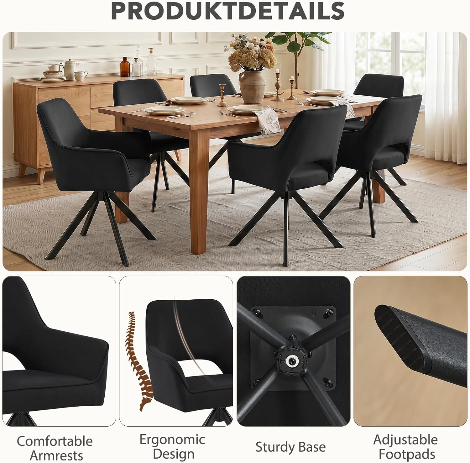Furniliving Modern Swivel Dining Chairs Set of 4, Upholstered Chenille Dining Room Chairs with Thicken Cushion, 360° Rotating Kitchen Chairs with Metal Legs for Dining Room, Living Room