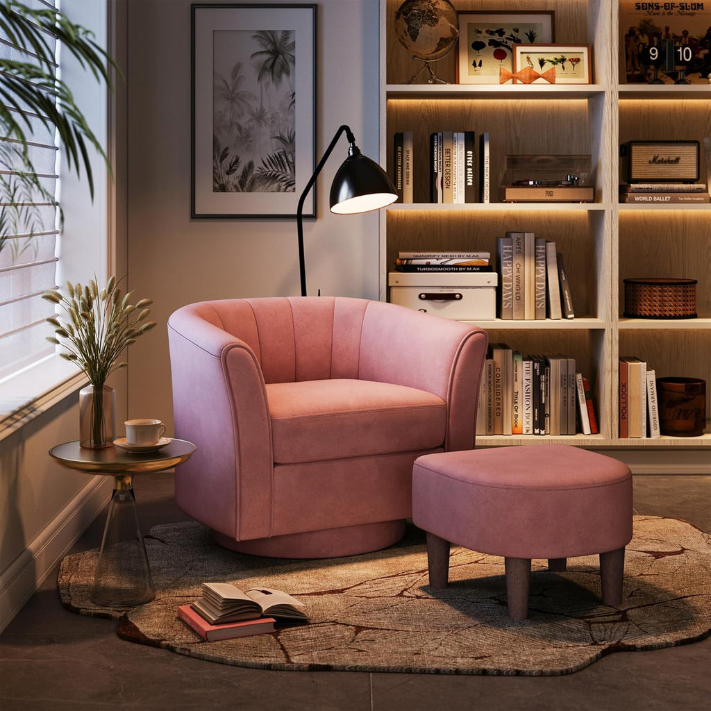 LINSY Large Swivel Accent Chair with Ottoman, Velvet Barrel Chair with Footrest, Modern Upholstered Comfy Reading Chair Armchair for Living Room, Bedroom, Study Room, Office, Pink