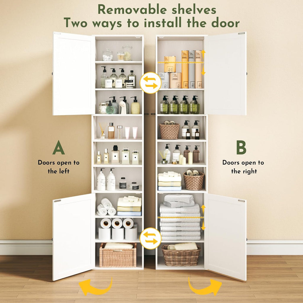 70.8" Tall Bathroom Storage Cabinet with 2 Barn Doors, Narrow Storage Cabinet with Adjustable Shelves & Open Compartments, Slim Floor Cabinet for Bathroom, Kitchen, Entryway, Living Room, White